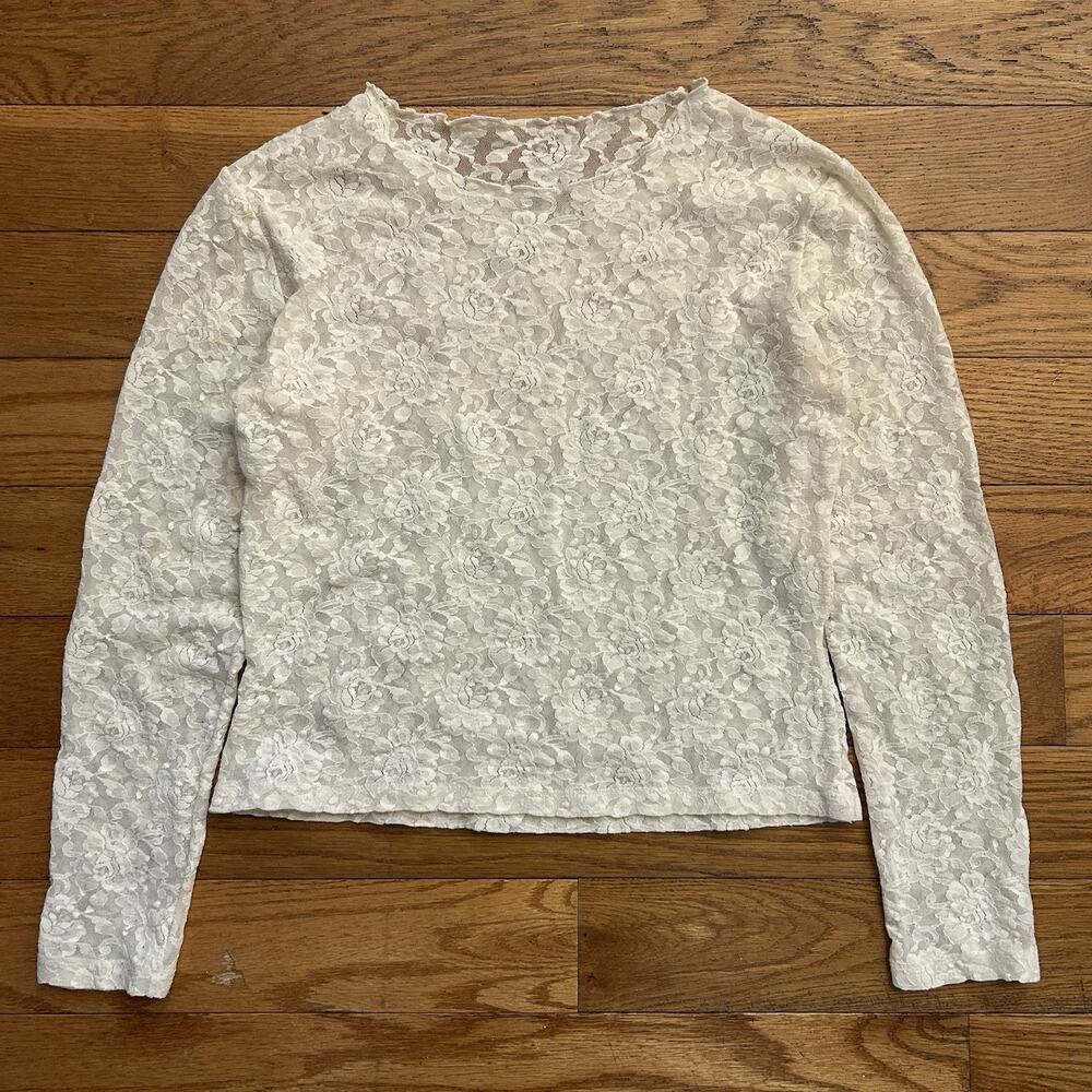Vintage Sheer Floral Lace Cropped Long Sleeve Shirt Top Small